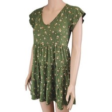 Altard State Olive Green Floral Tiered Babydoll Dress Sz S Flutter Sleeve V Neck