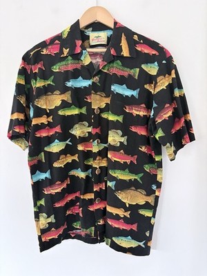 PARADISE ON A HANGER  Men L Black Colorful Fish Print Button Up SS Shirt Cotton