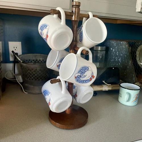 Vintage Arcopal Goose Geese Duck Mug Milk Glass France 12oz Set Of 6 W/ Mug Tree