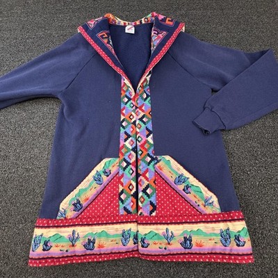 Vintage Jerzees Jacket Womens Large Blue Southwestern Hooded Fleece Cactus USA