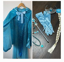 Frozen Elsa Inspired Halloween Costume Girls 9/10 Blue Sequin Dress Cape Gloves