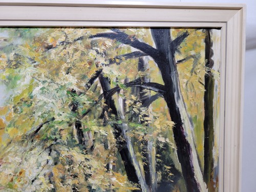 Original Oil Painting Autumnal Landscape Vintage Forest Trees River Large Rare - Picture 15 of 21