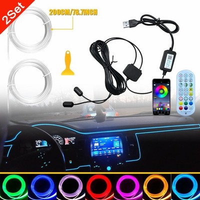 2Set RGB LED Neon Fiber Optic Music Light Strips 2M Car Interior APP RF Control