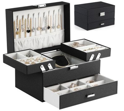 Joyero Organizador 3 Niveles con Cajón y Soporte Metálico para Joyas Negro