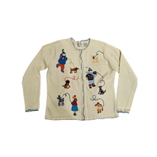 In stitches eagle eye cardigan sweater large embroidered winter dogs snow 