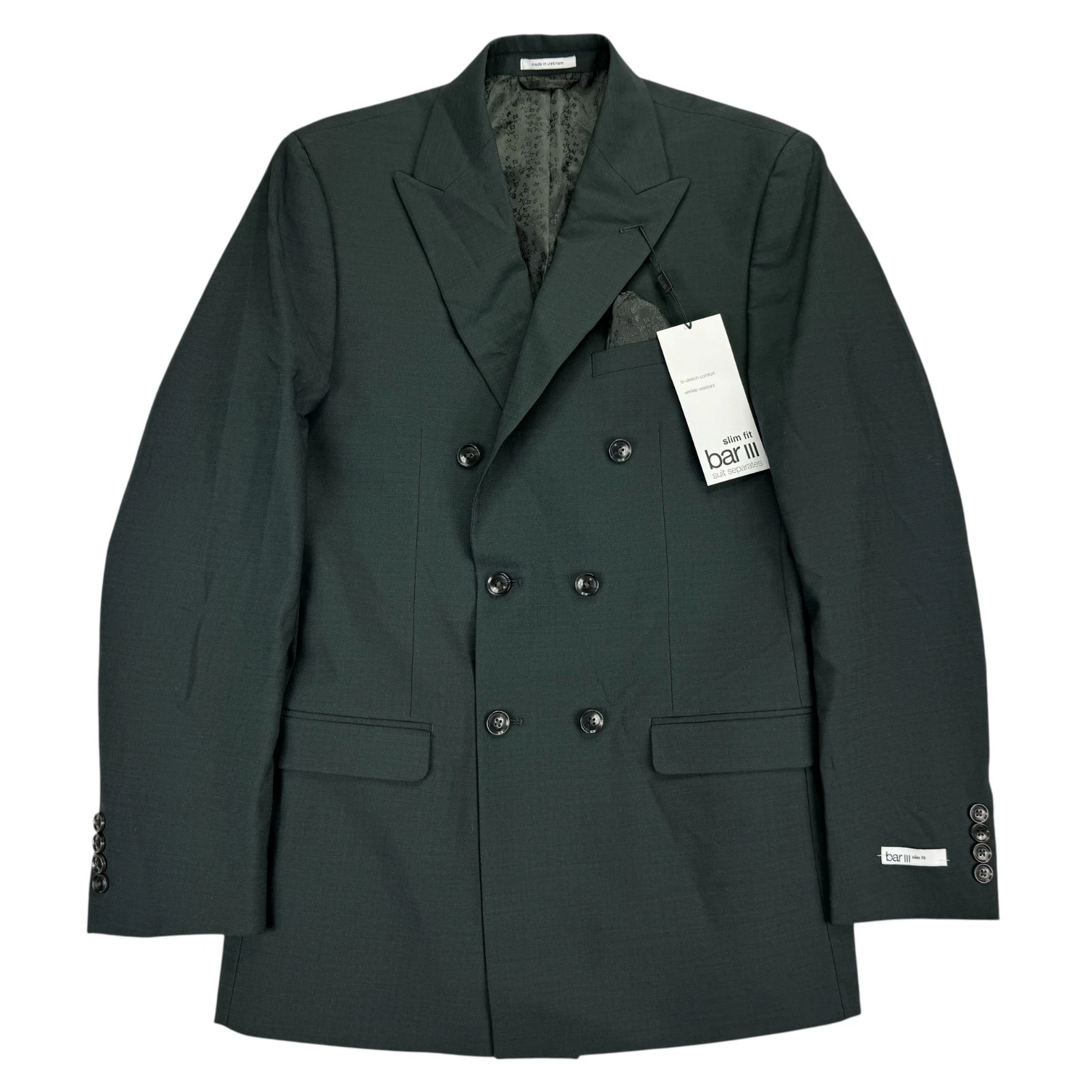 Bar III Mens Slim Fit Double-Breasted Active Stretch Suit Jacket Dark Green 38L