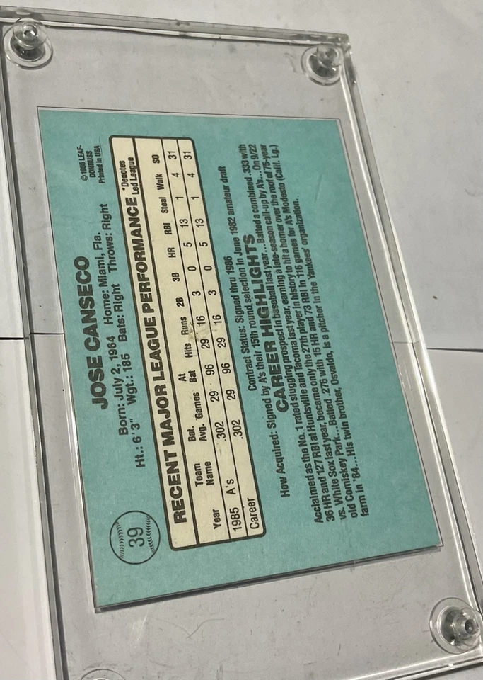 1986 年 Donruss 评级新秀 Jose Canseco #39 新秀 RC 状况完好 螺钉架 — 第 2/4 张图片