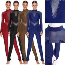 Womens Bodysuit Leotard Dancewear Competition Jumpsuit Sports Figure Skating