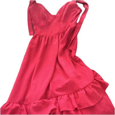 Sofie Wear Now Pink Ruffle Smocked Midi A-Line Dress Sweetheart Neck XS