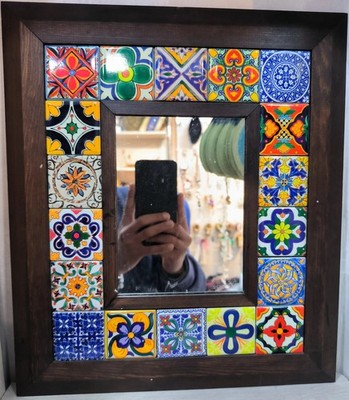 Handmade Turkish Ceramic Tile Mirror - Boho Wall Decor - Rustic Wooden Frame
