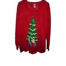 Womens Plus Red Christmas Sweater 2x Ugly Long Tree Pullover Metal Star Gems GUC