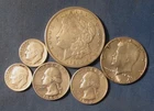 LOT 6 US SILVER COINS 1921 D MORGAN SILVER DOLLAR 1964 HALF $ 2 QUARTERS ++