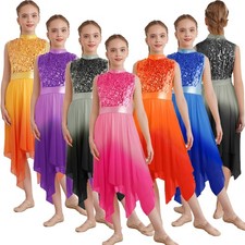 Kids Girls Dresses Tunic Dancewear Bodice Dress Sequins Worship Robe Praise Hem