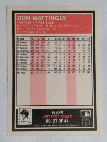 1987 Fleer Hottest Stars Don Mattingly New York Yankees #27 - Picture 2 of 4