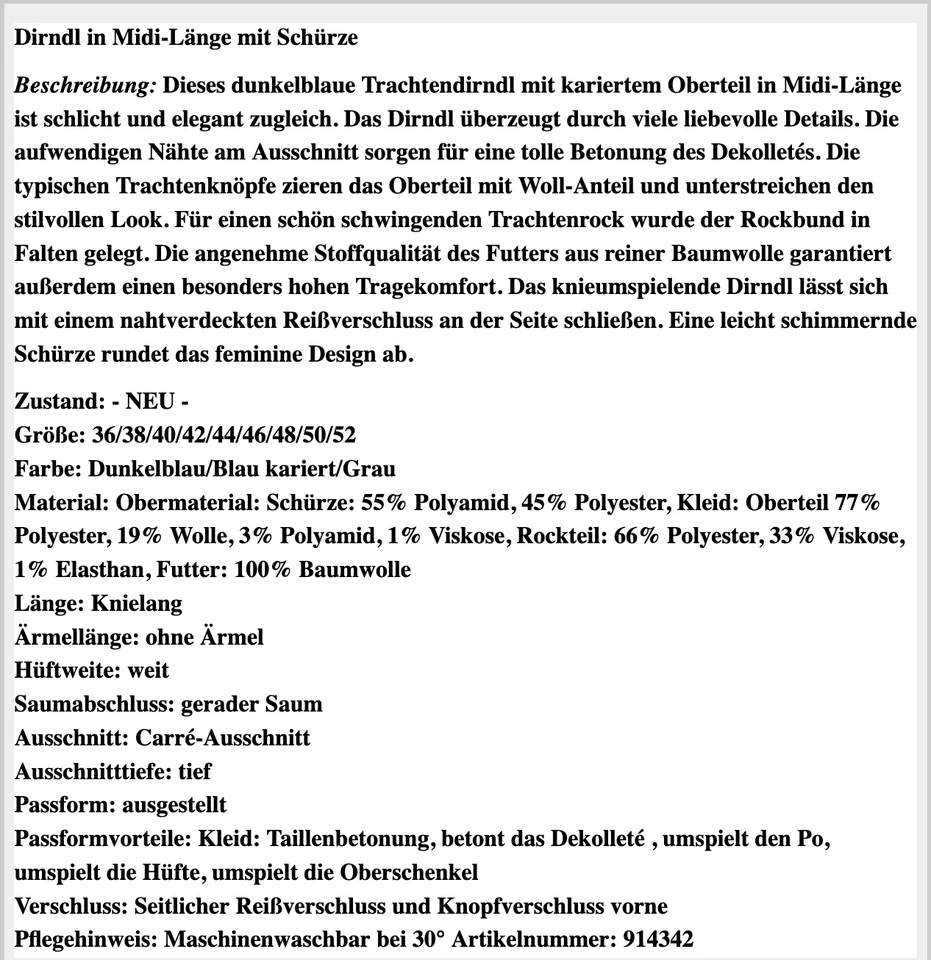 Dirndl in Midi-Länge mit Schürze Gr. 36 bis 50 Blau/Grau Trachten Fest-Kleid Neu - Bild 2 von 2