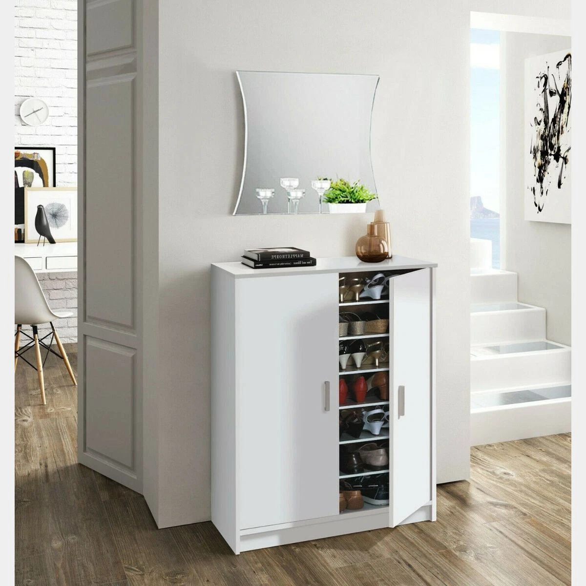 Alfy White Large Upto 30 Pairs 2 Door 6 Shelves Shoe Cupboard Storage Cabinet
