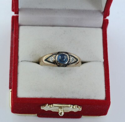 Antique 1920's Genuine Blue Sapphire Diamond Platinum 18k Gold Ring Enamel