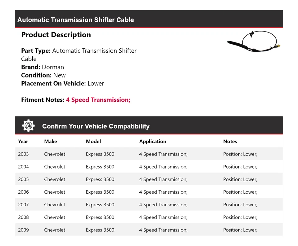 Cable de palanca de cambios inferior para Chevrolet Express 3500 Dorman AT 2003-2009 2004 2005 Foto 2 de 4