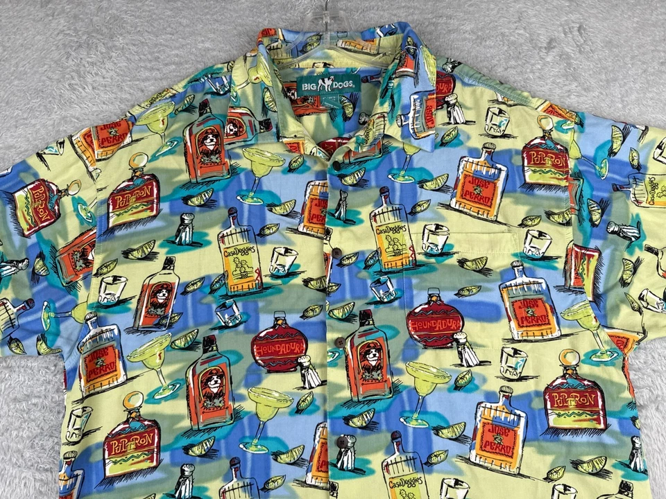 Camisa Big Dogs Adulto 2XL XXL Azul Verde Frutas Cócteles 100% Rayón Hawaiano Foto 4 de 4