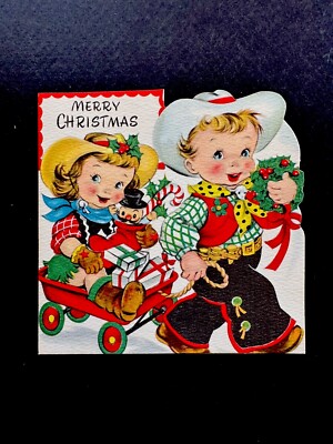 1 VTG Unused Xmas Greeting Card Cute Cowboy Tugging On His Cowgirls Wagon
