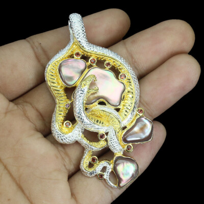 Valentine 925 Silver Brooch Round Rhodolite Garnet Mop Cobra Gemstone Jewelry