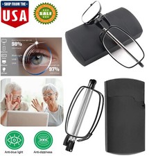 2 Pair Metal Compact Folding Anti-Blue Light Reading Glasses W/ Carrying Case US