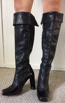 Bottes Cuir Verni Noir Jill Stuart à Talon Haut - Taille 39/9, Occasion, Genou
