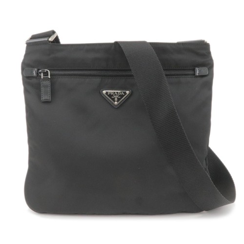 PRADA Logo Shoulder Bag NERO Black Nylon Leather VA0563 Auth Used