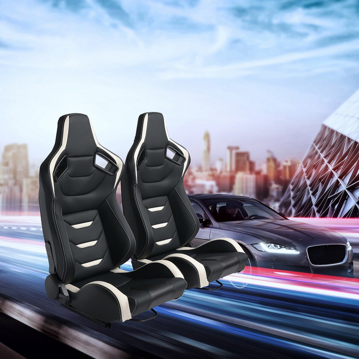 Universal PU Leather Car Sport Racing Seat Set Recline Racing Seats w/2 Sliders 677726500109 eBay