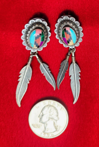 Handcrafted Southwestern Multi Gemstone Inlay Feathers Sterling Silver Earrings - Picture 3 of 15
