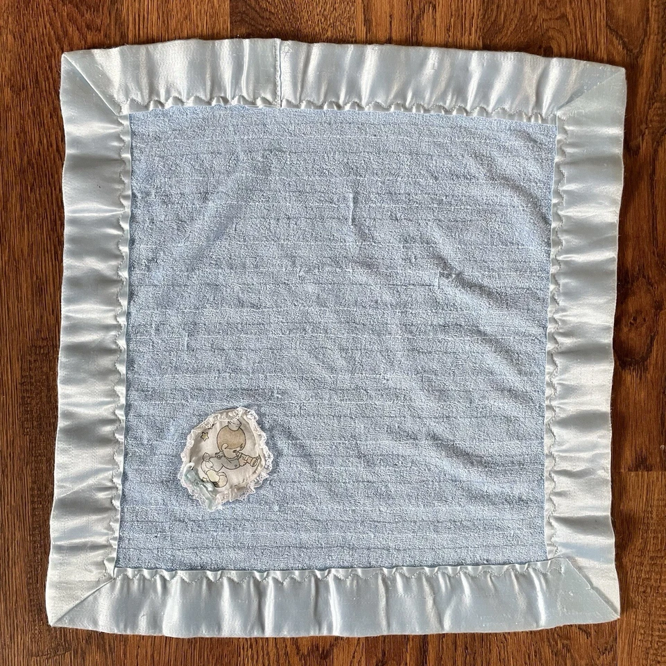 Винтажное махровое тканевое детское защитное одеяло с атласной нейлоновой отделкой Precious Moments синее - Изображение 2 из 4