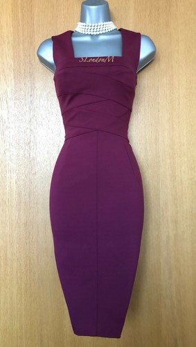 Vestido lápiz Karen Millen berenjena paneles asimétricos geométricos cuello cuadrado UK10 - Imagen 3 de 9