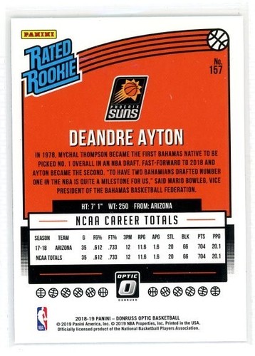 Optic Deandre Ayton 157 Panini Rookie Donruss 2018-19 Rc Rated Suns Blazers - Picture 8 of 8