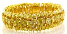 GIA LARGE 32.63CT FANCY YELLOW DIAMOND 18KT YELLOW GOLD 3D 3 ROW TENNIS BRACELET