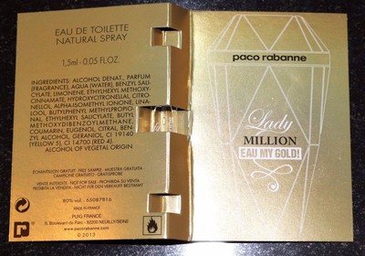 Lot of 2 Lady Million By Paco Rabanne ''Eau My Gold'' EDT France Sample 2 x 1.5 ml