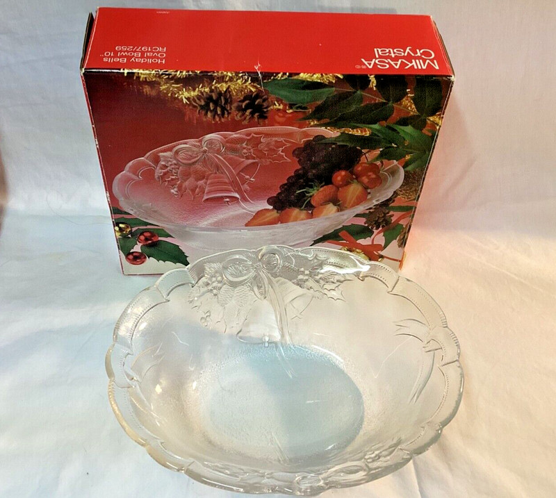 Vintage Mikasa Crystal Christmas Bowl Holiday Bells 10" NIB