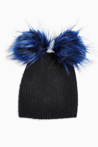 TOPSHOP Navy Faux Fur Pom Beanie black 