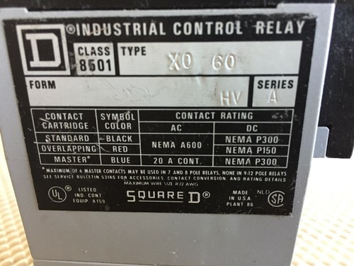 CONTACTOR CUADRADO D XO 60 CLASE 8501 TIPO X - Imagen 2 de 2