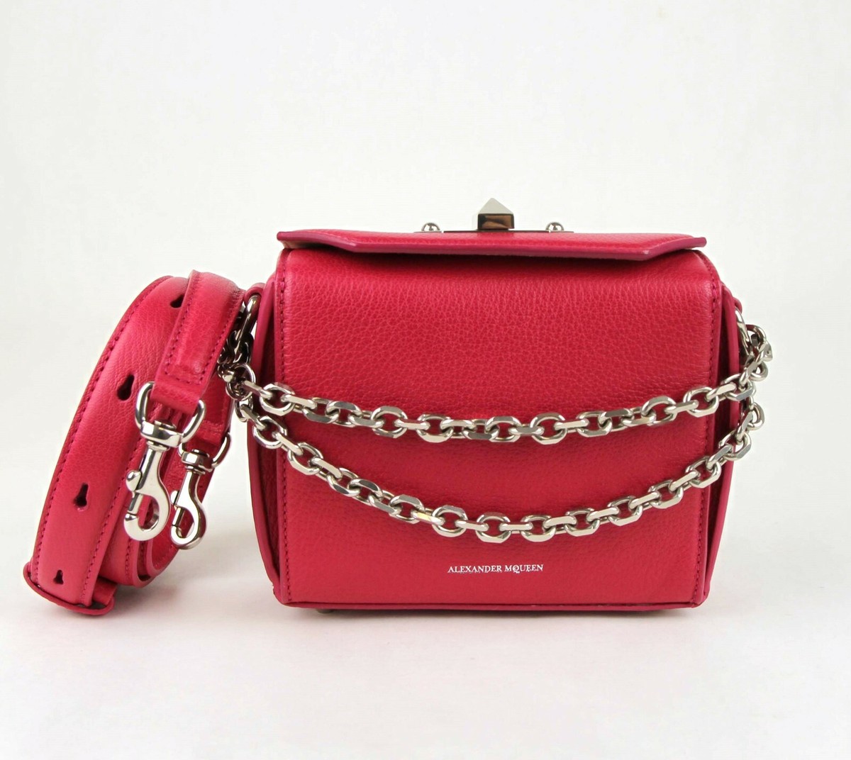 $1790 Alexander McQueen Box 16 Magenta Leather Silver Chain