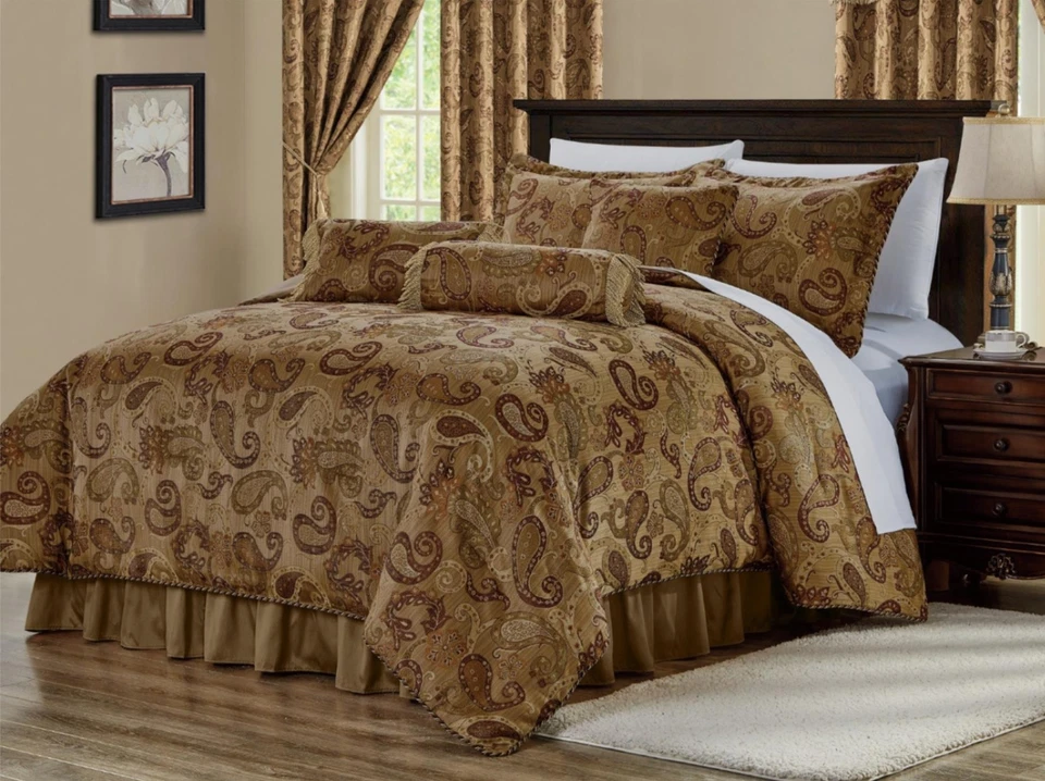 7-Piece Jacquard Bedding Ensemble Copper Brown Woven Paisley Comforter Set - Image 2 of 4