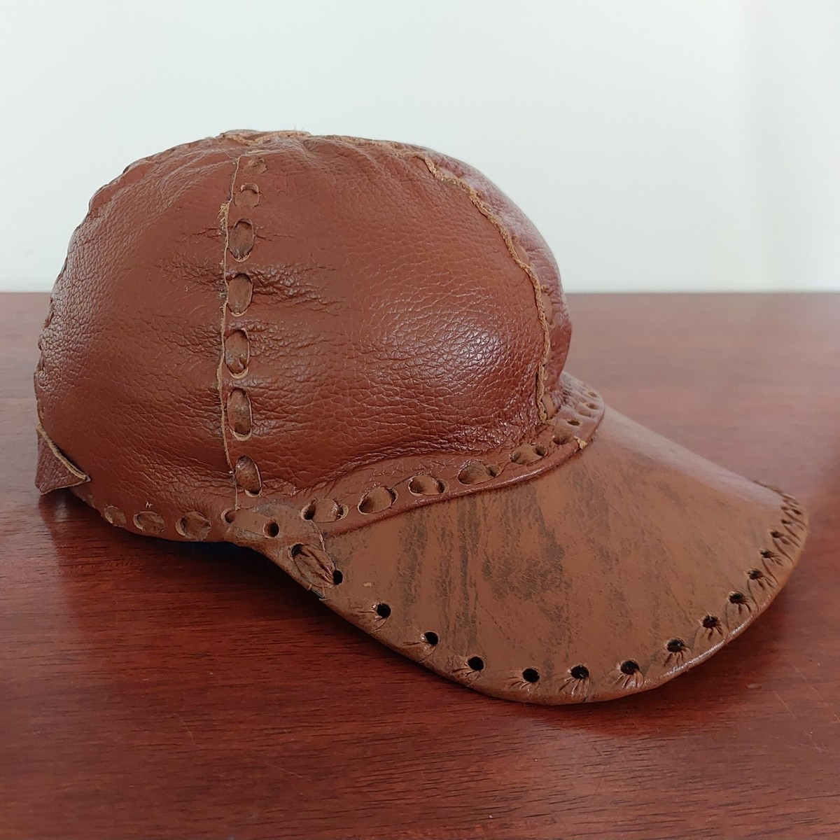 Vintage 1970’s handmade leather leather hat Small / Medium 60s / 70s Handmade Leather Biker Cap  main image 3