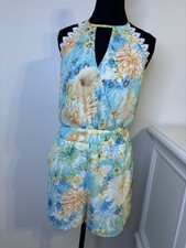 CALS Floral Halter Romper L Teal Tropical Backless Lace Trim Summer Boho Lace