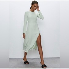 Babaton Mint Green Satin Long Sleeve Midi Dress Slit Size 6