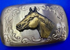 Horse Head 3D Centerpiece Engraved Two Tone Ornate Western Cowboy Belt Buckle