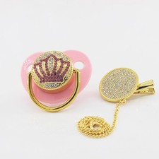 Bling Crown Pacifier with Pacifiers Chain Clip Bpa Free Silicone Infant Nipple D