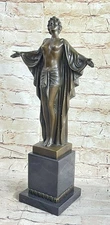 Art Deco Nude Girl Female Classic Bronze Sculpture Figurine Marble Base Statue