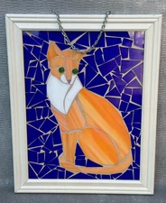 MOSAIC CAT CUT TILE FLESH WHITE COBALT BLUE GLASS ABSTRACT COLLAGE ORIGINAL ART