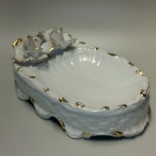 Capodimonte Italy Ashtray Trinket Dish White Tray Gold Roses 10" x 6.5" x 2.5"