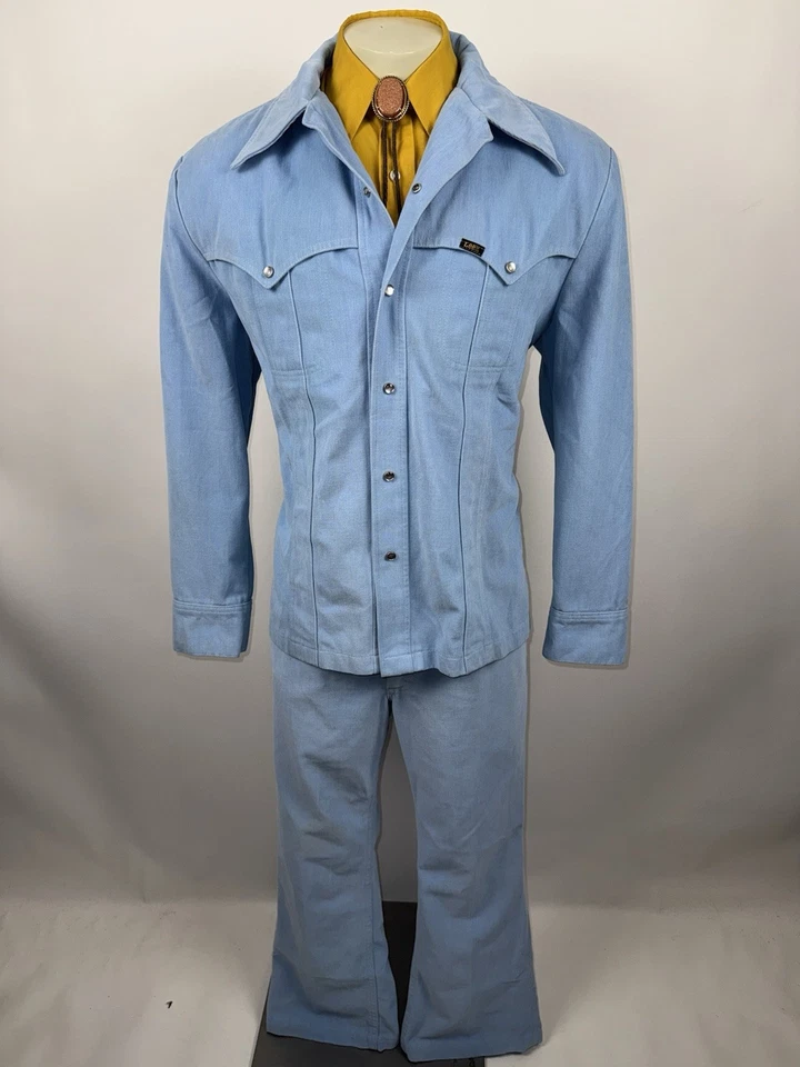 Lee Denim Leisure Suit Pearl Snap Mens Large Jacket 34 30 Pants Western Vtg 70s - Image 3 of 4