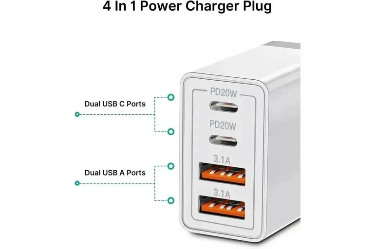 55W 4 Port Wall Charger USB-C PD USB A C Charging Brick Block Adapter Plug